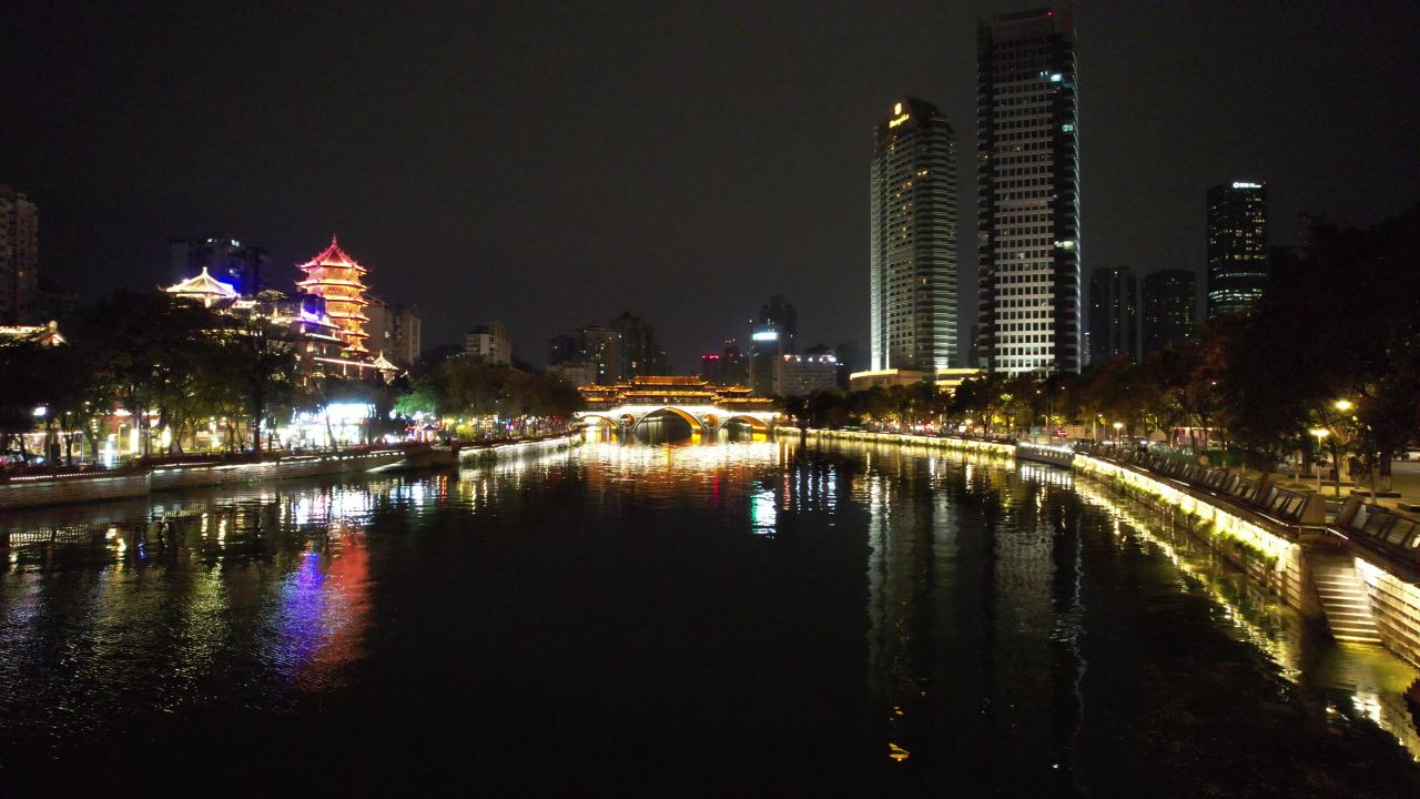 成都安顺廊桥夜景灯光航拍