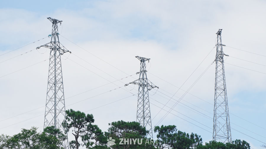 高耸的电力塔与绿树