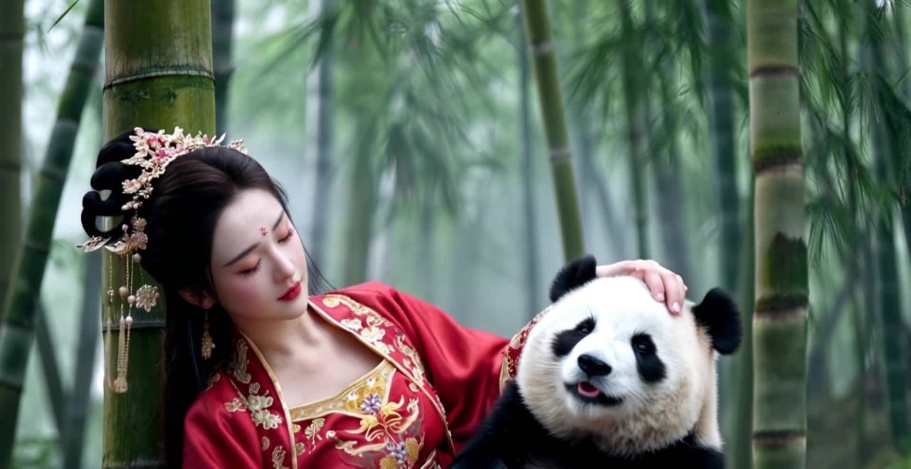 竹林佳人轻抚熊猫，古韵风华显宁静祥和