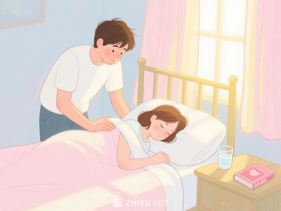 温馨场景：男子轻抚熟睡女子 698