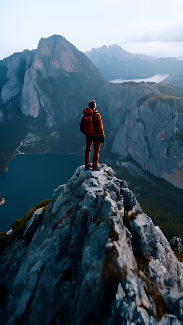 山顶上的人俯瞰着壮丽的山谷。这个人穿着橙色的衣服，