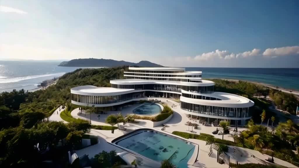 一栋现代风格的白色多层建筑坐落在海边，建筑呈曲线形