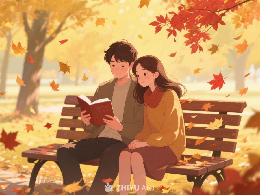 秋日公园里共读的两人 587