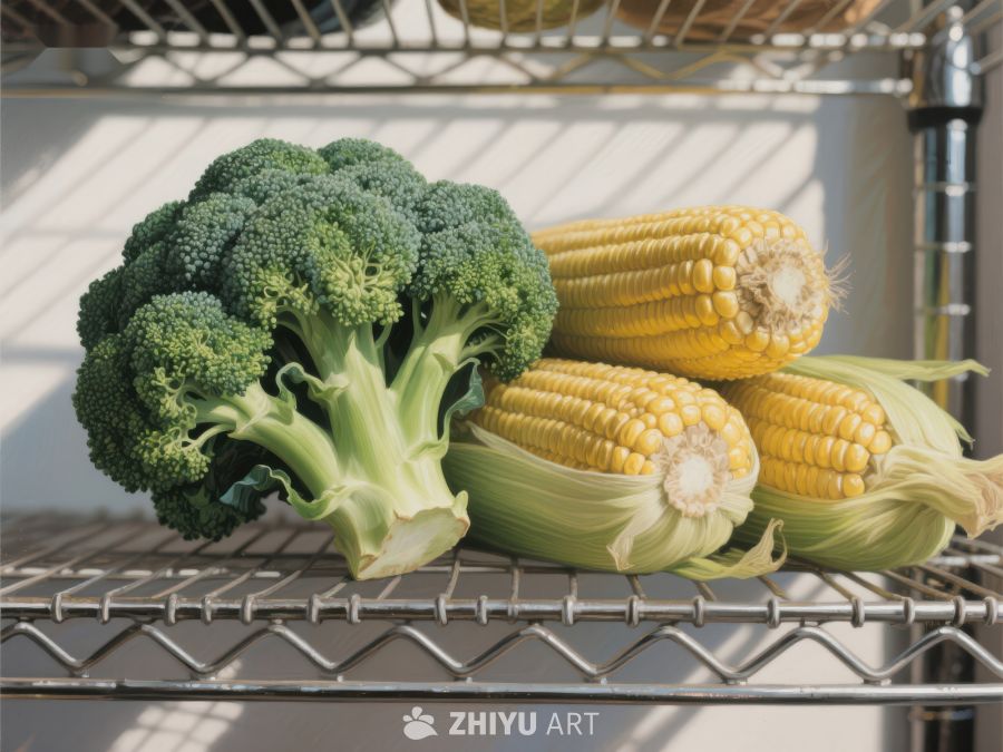 新鲜西兰花与玉米置于金属货架 743