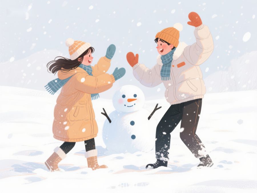 雪地嬉戏：两人与雪人共度欢乐时光 951
