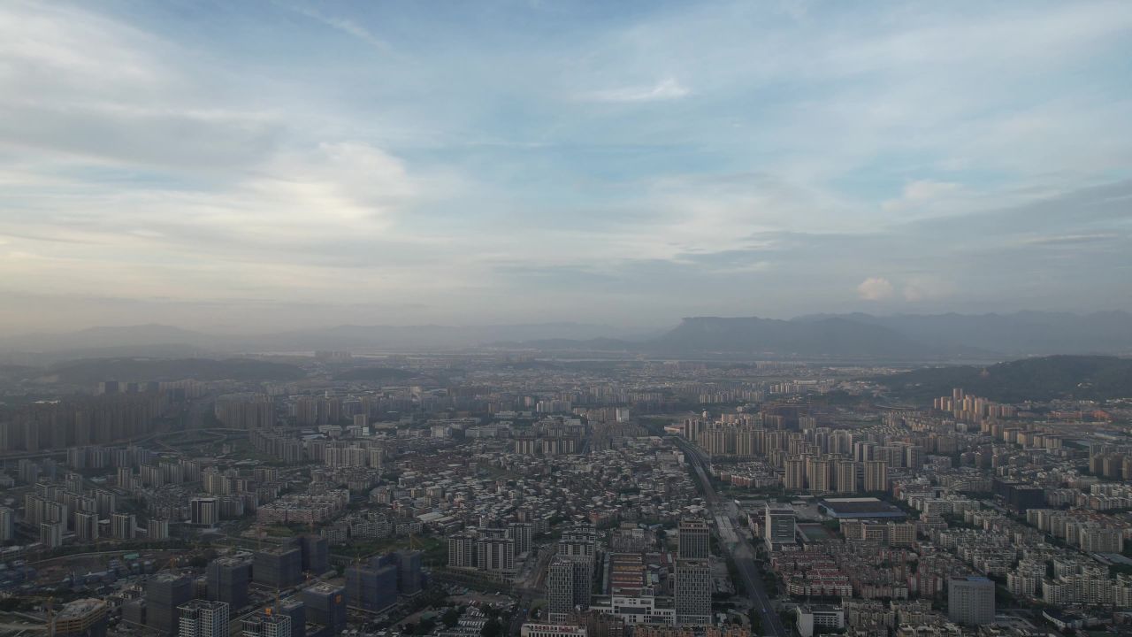 福建福州城市清晨闽江日出航拍