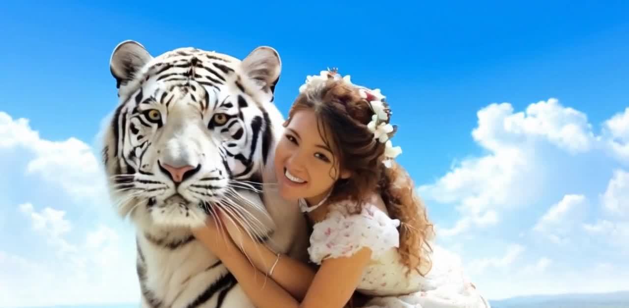 花环少女拥抱白色条纹虎的奇幻场景