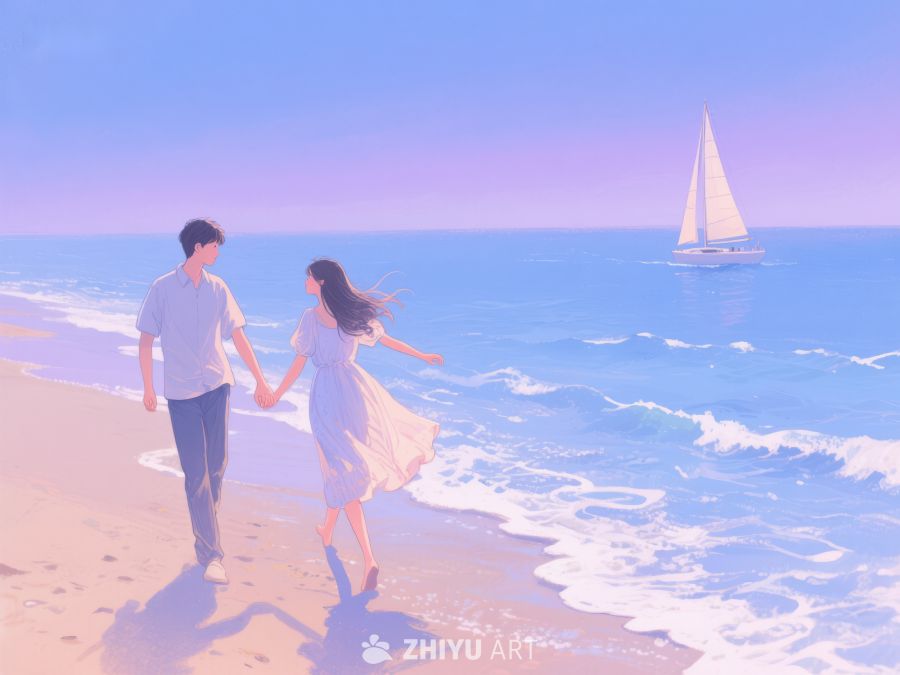 海边漫步的情侣与帆船 210