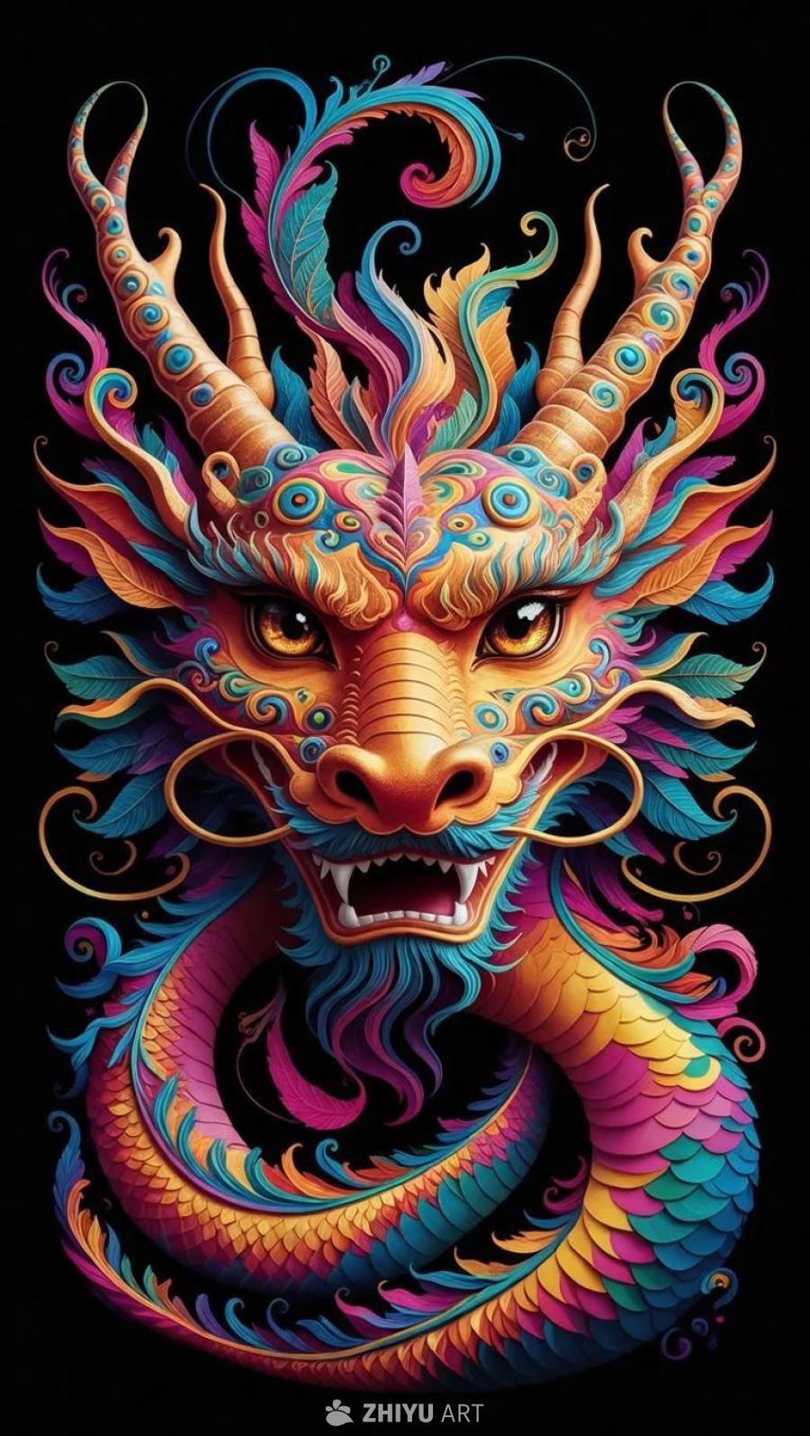 黑色背景上呈现着一个迷幻的龙头部艺术作品，龙头上装
