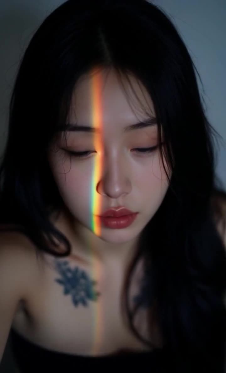 彩虹光线照耀下的亚洲女子，锁骨有纹身。