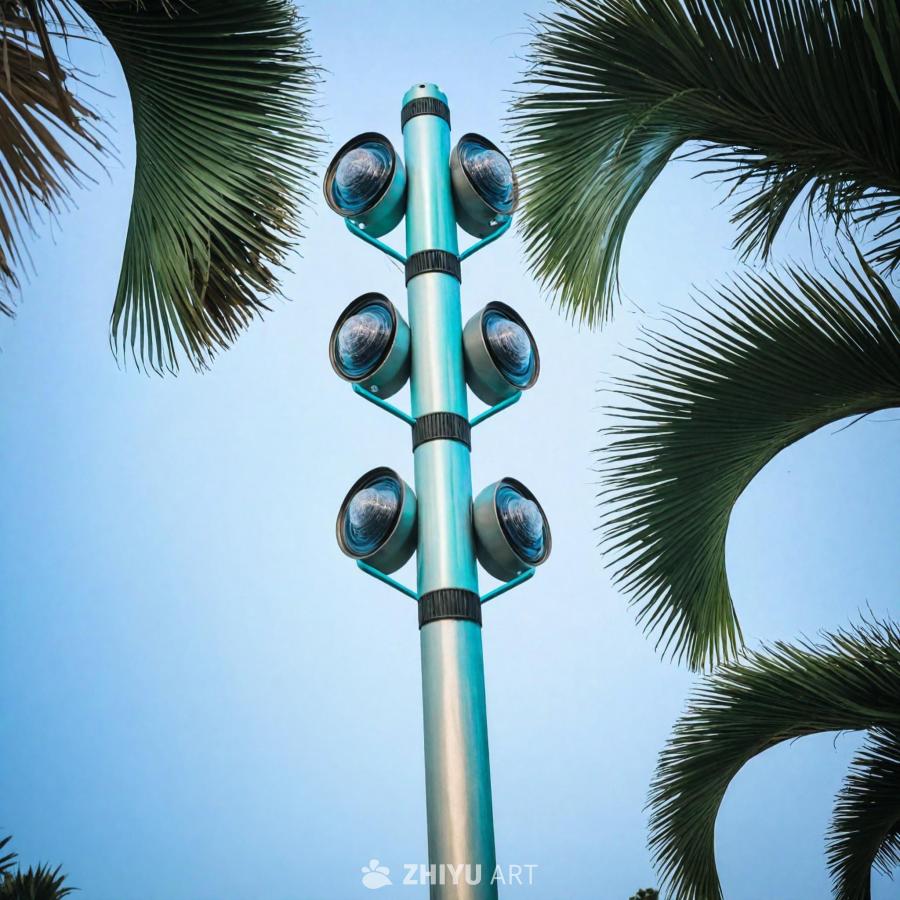 一根独特的、具有未来感的蓝色路灯杆矗立着，背景中有