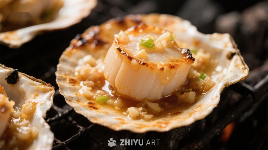 烤制蒜蓉扇贝，美味海鲜佳肴