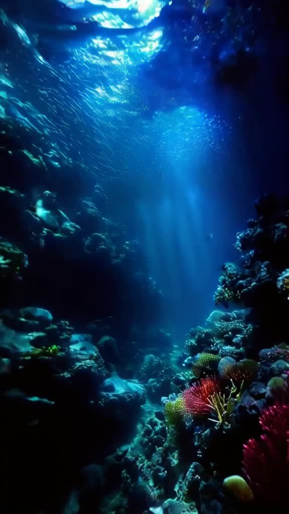 水中场景，充满生物发光生物，古老的沉船残骸，充满活