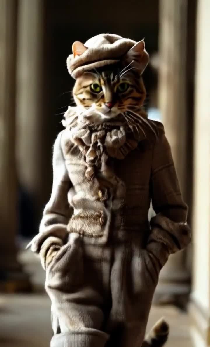 猫形生物时装秀：复古服装与走秀舞台