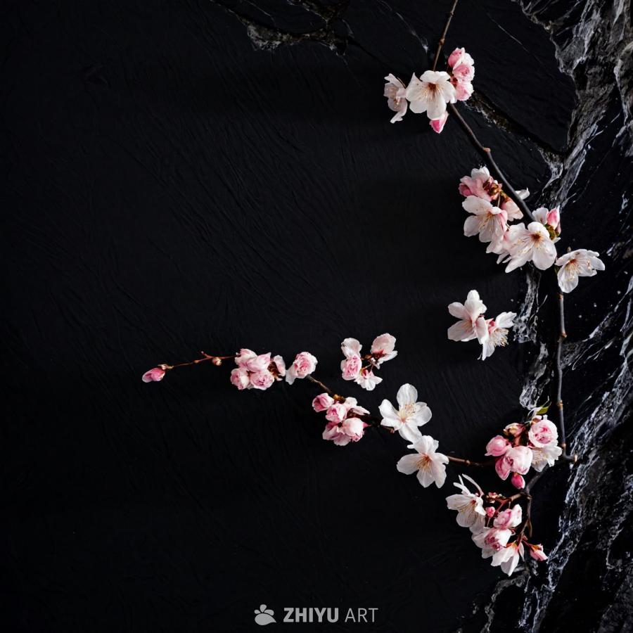 一根樱花树枝，上面开满了小小的白色花朵，花瓣尖端带
