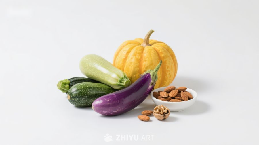 新鲜蔬菜与坚果静物展示