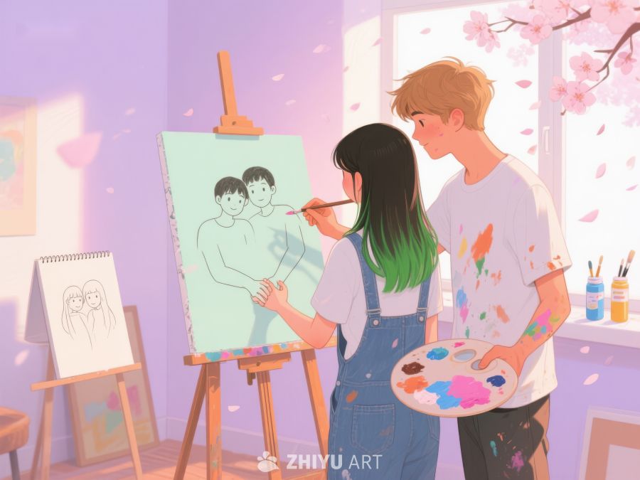 两人共同创作画作，室内温馨艺术氛围 461