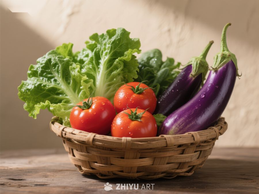 新鲜蔬菜篮：西红柿、茄子与生菜 655