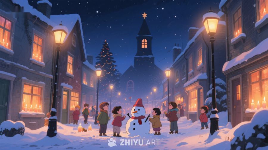 冬夜小镇，雪人与孩子们 95