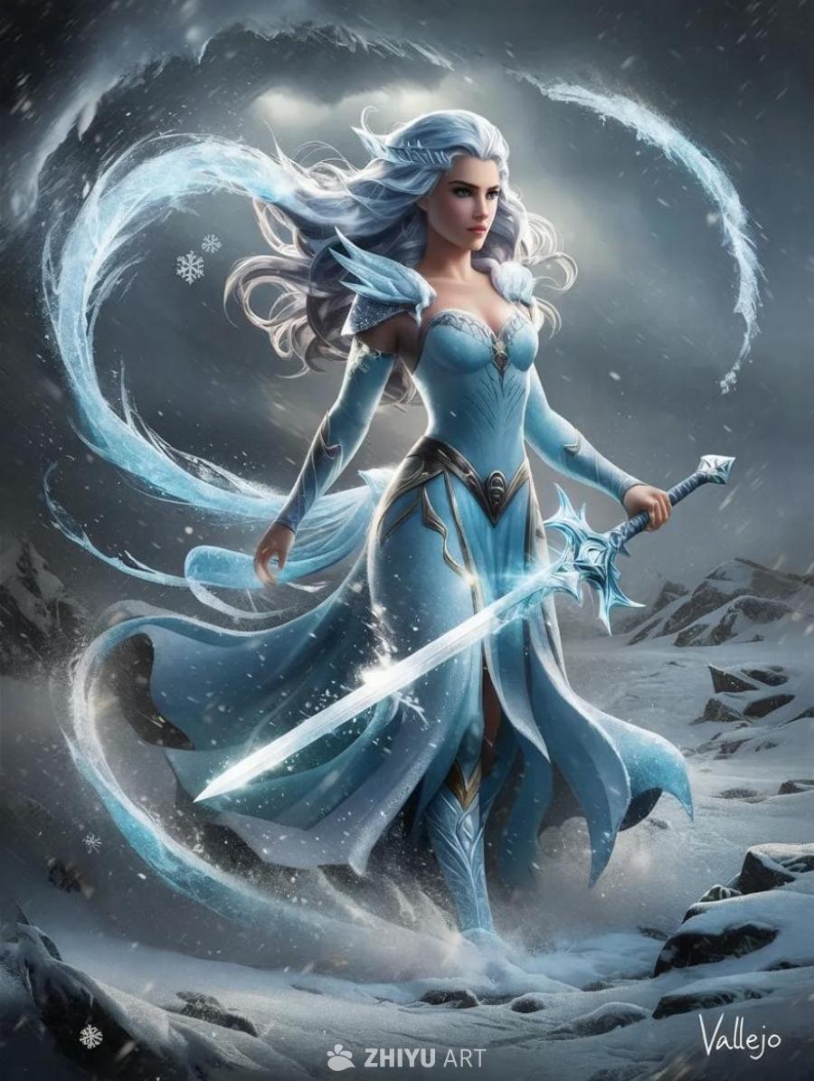一位身穿蓝色长裙的女子站在雪地里，她手持一把冰剑。