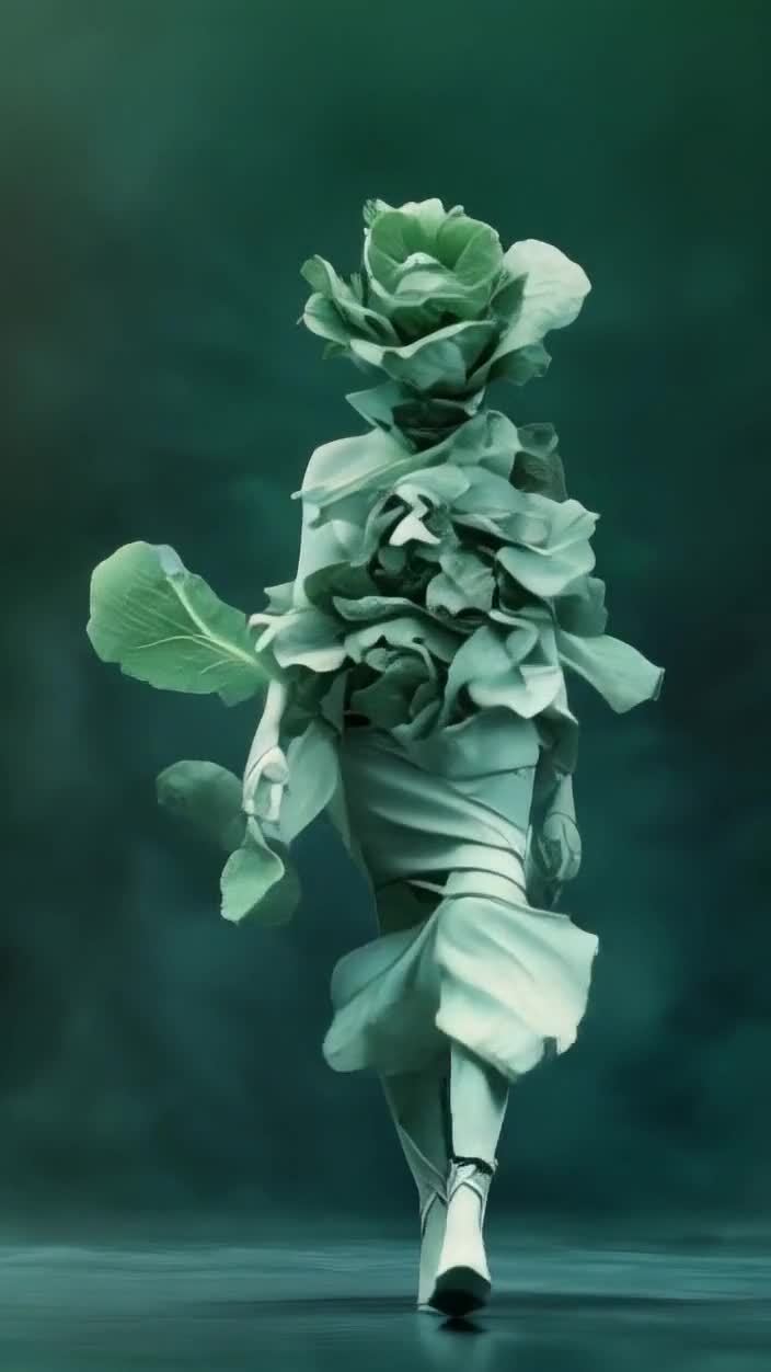 叶片构成花朵人形雕塑，深绿色背景下行走