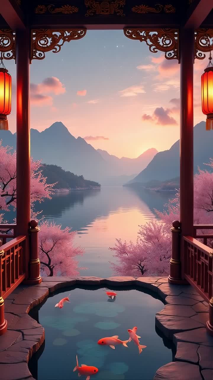 一个带有东方建筑风格的阳台，由深色红木构成，栏杆上