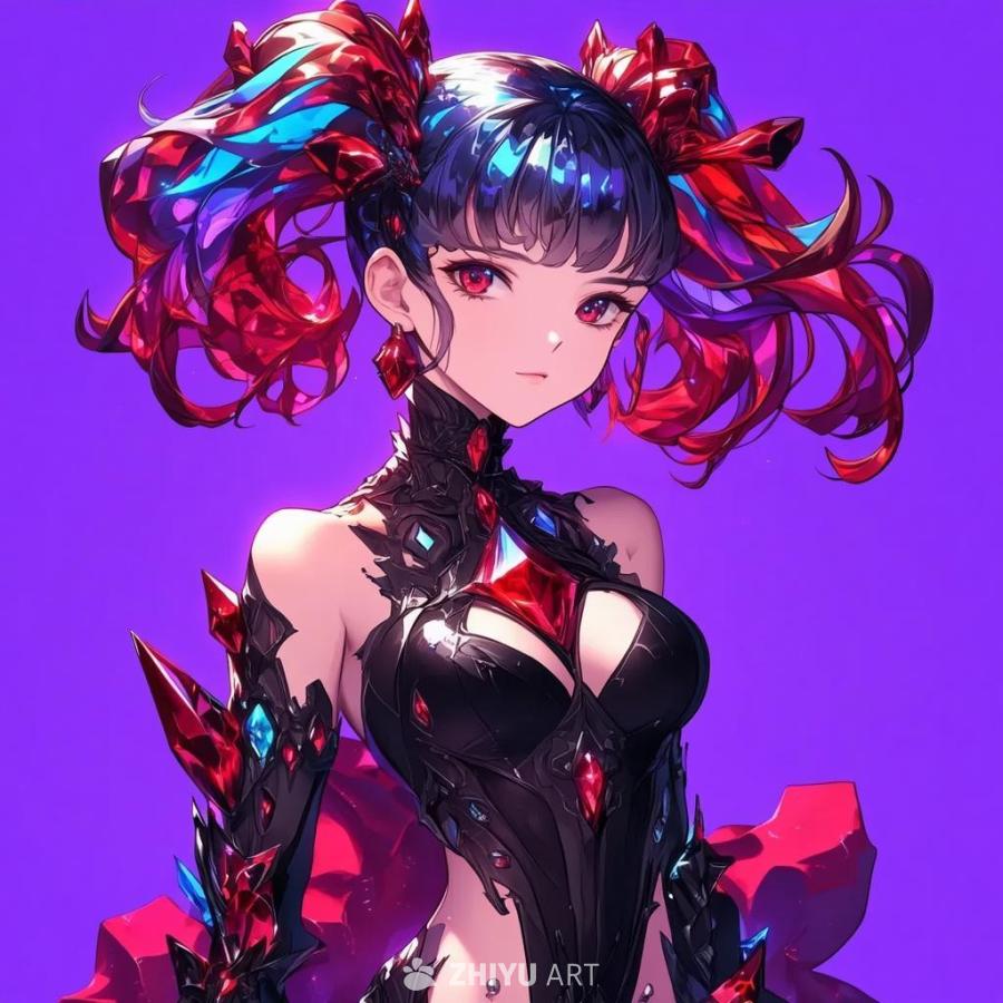 一个年轻的动漫女孩身穿精致的水晶黑色贵族服装，站在