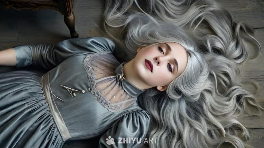 一个大约30岁的女人，有着长长的灰色头发，穿着一件