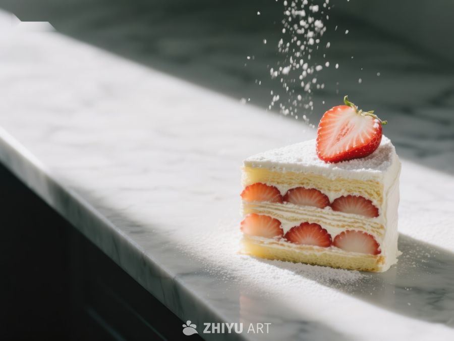 草莓蛋糕切片，撒上糖粉 45