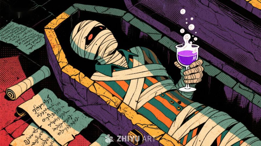 木乃伊手握紫色药剂，躺于棺椁中