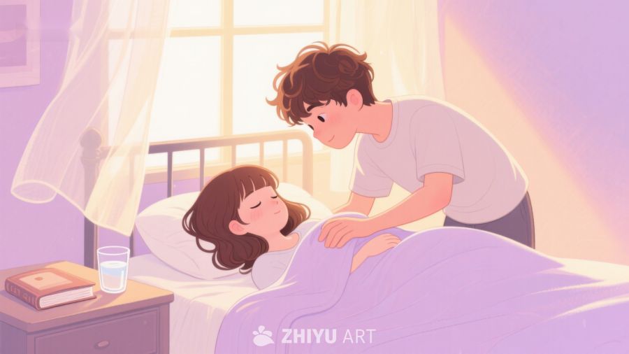 温馨床边：男孩轻抚女孩额头 401