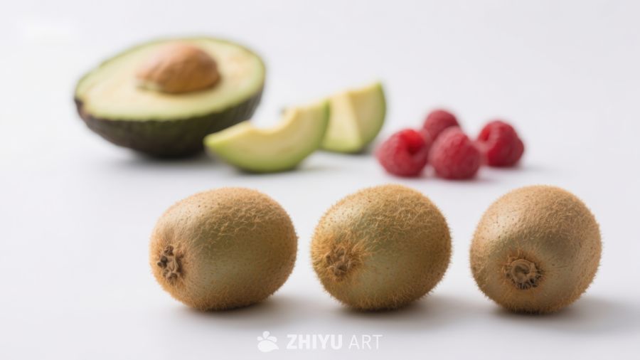 新鲜水果组合：猕猴桃、牛油果与覆盆子
