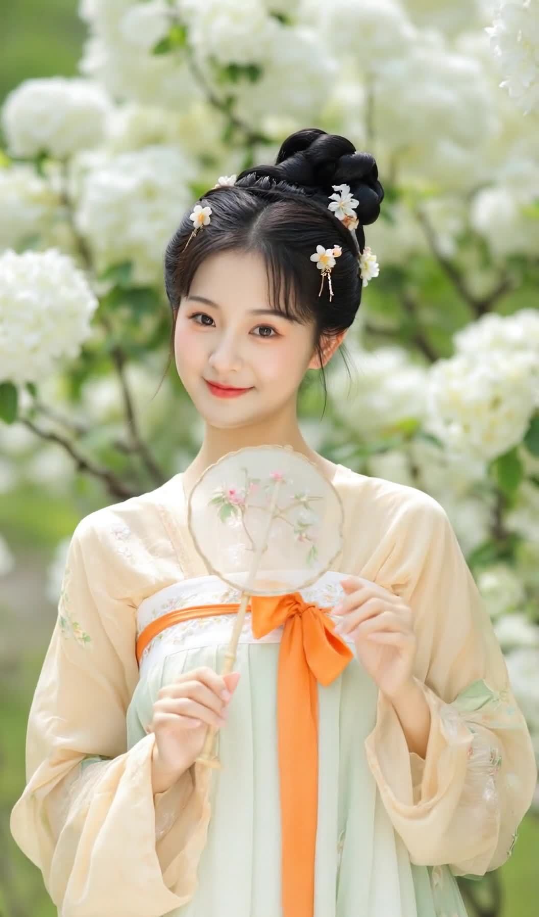 一个身着古装的女孩缓缓看向镜头并微笑。女孩面容精致