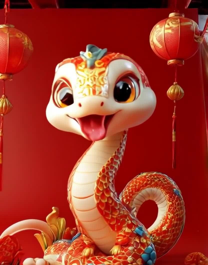 喜庆卡通蛇年形象，红色背景与灯笼点缀。