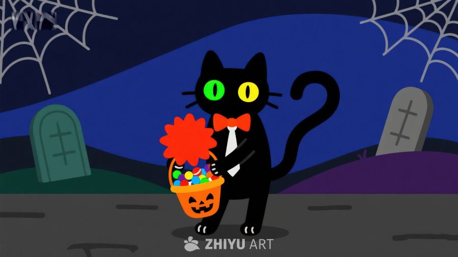 万圣节黑猫手提南瓜灯篮子