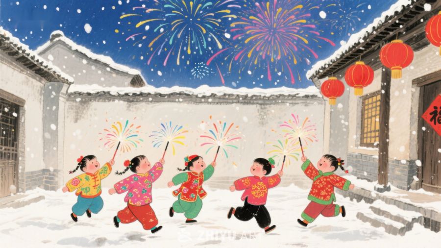 雪夜烟花下的孩童欢庆 1087