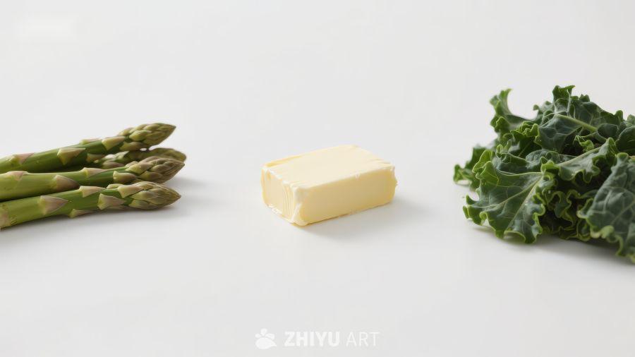 芦笋黄油羽衣甘蓝静物