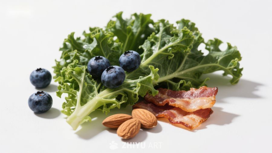 健康食材组合：羽衣甘蓝、蓝莓、杏仁与培根