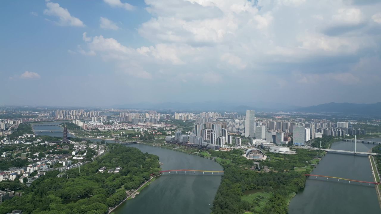  航拍金华江北金华燕尾洲公园