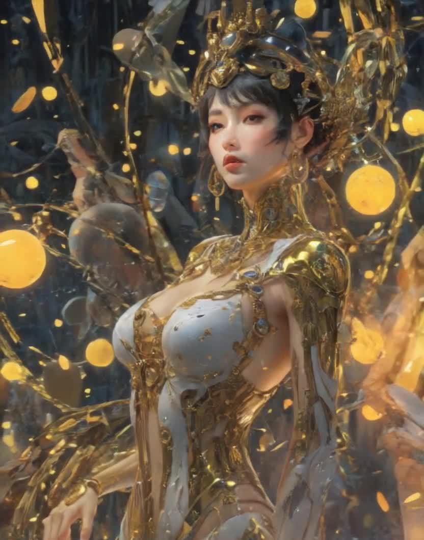 金白华服女子金色光点环绕中
