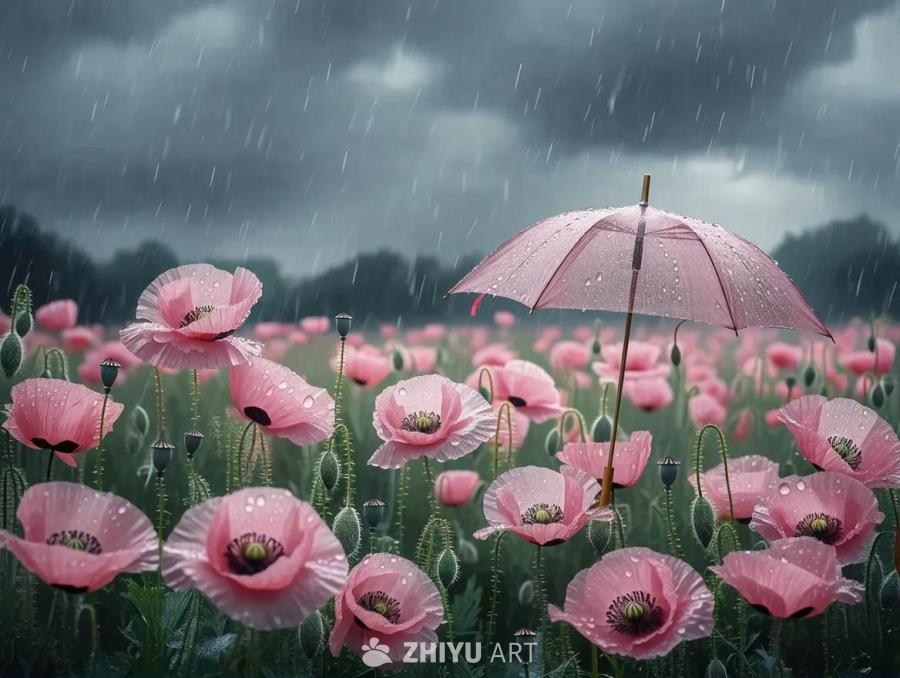 雨天，一片野花田中，盛开着鲜艳的粉红色罂粟花。一把