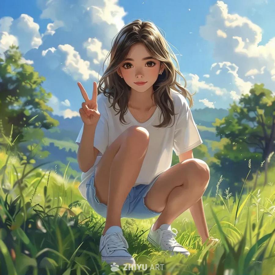 一个年轻少女蹲在草地上，背景是树木。她穿着短款衣服