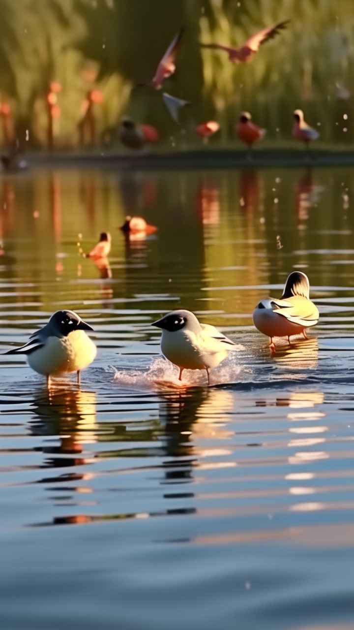 一群小鸟在湖面上嬉戏 2