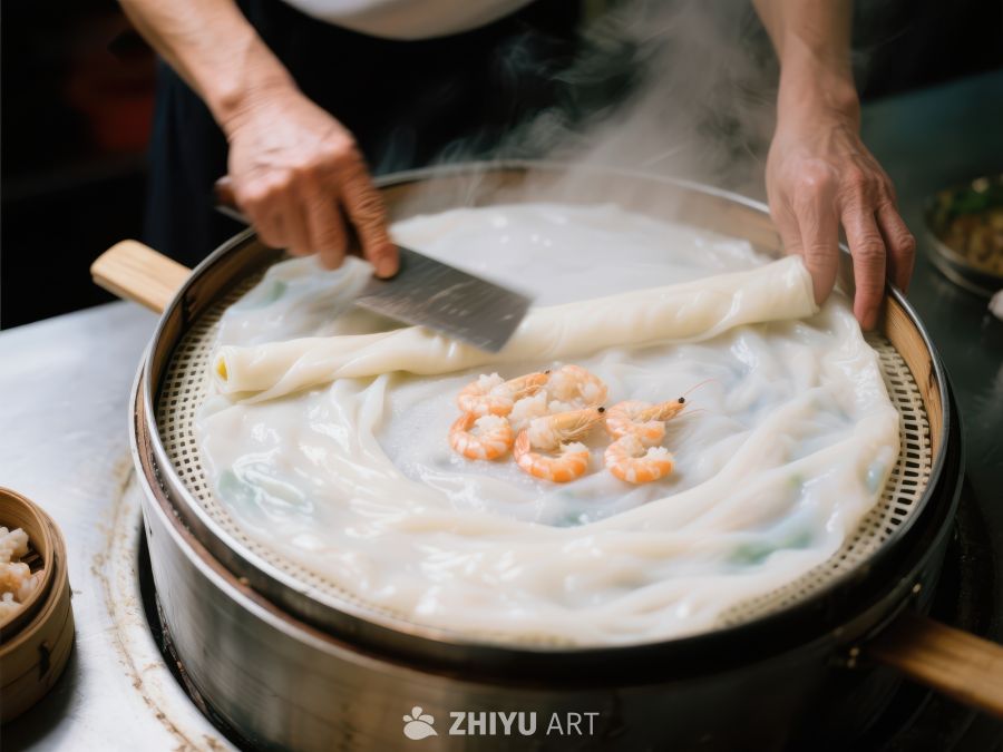手工制作肠粉，虾仁点缀 1077