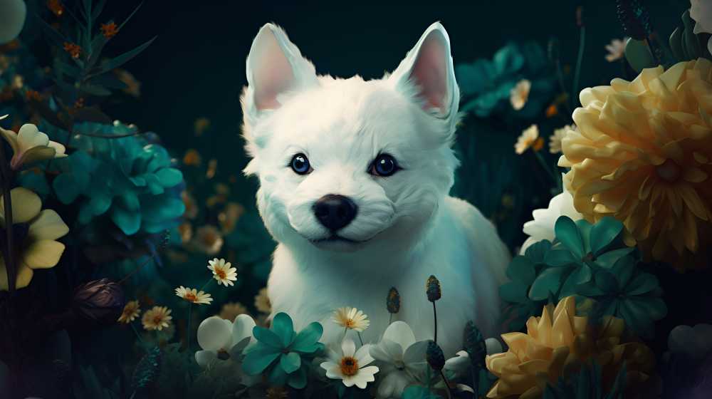 可爱的萌狗和花的艺术结合