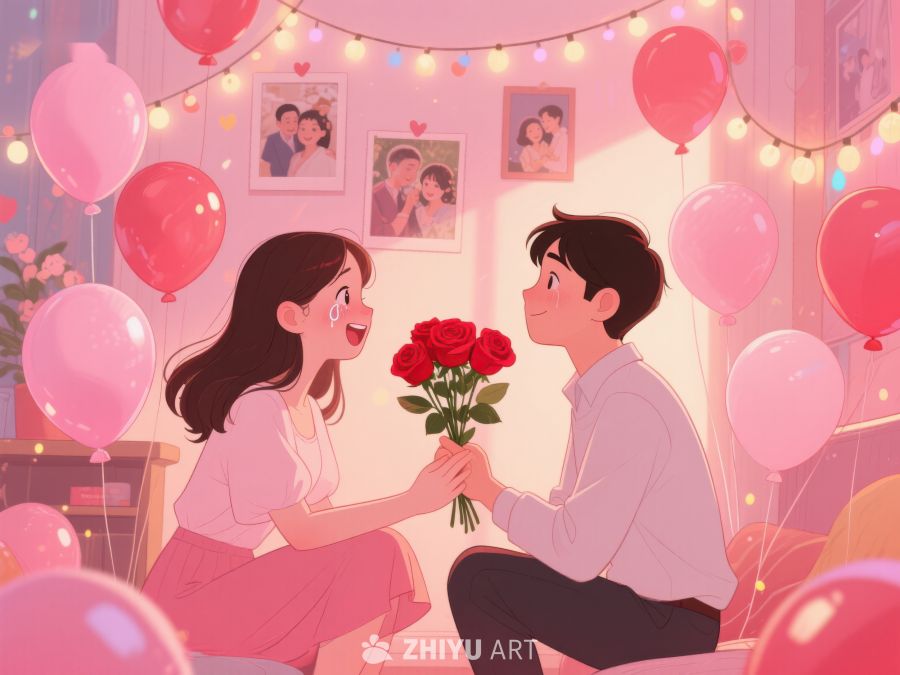 情侣室内温馨互动，手捧玫瑰花 558