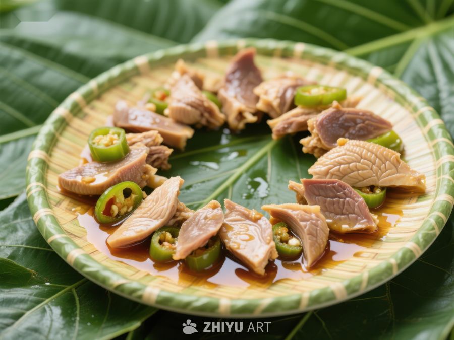 香辣鸭肉片配青椒，绿叶衬托 1627