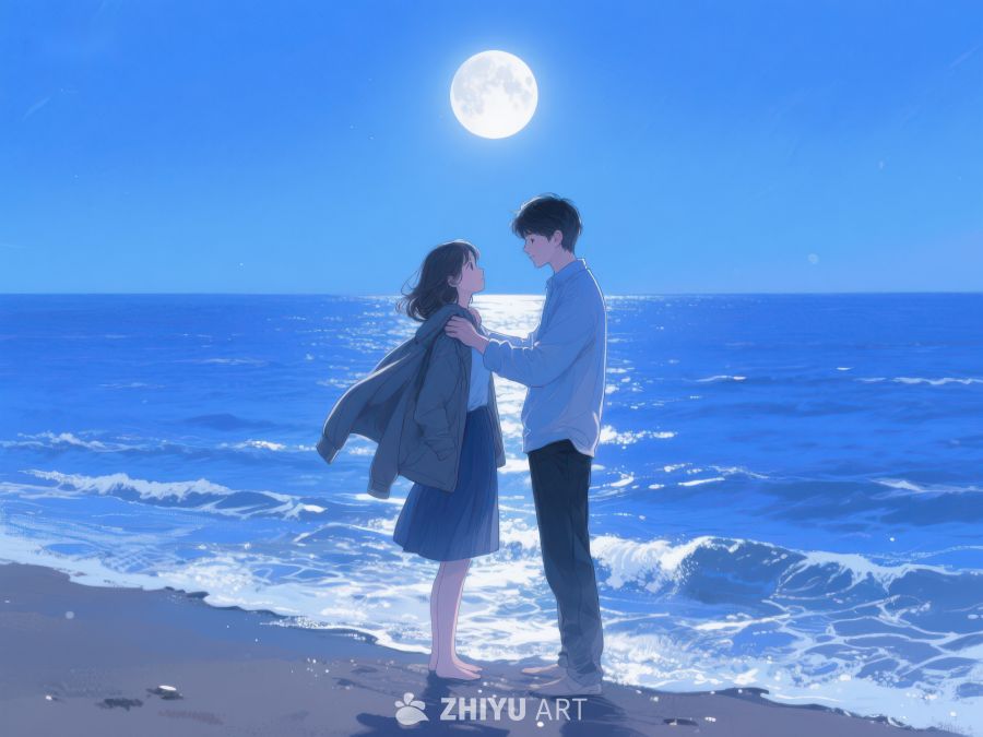 月下海边情侣温馨互动 1117