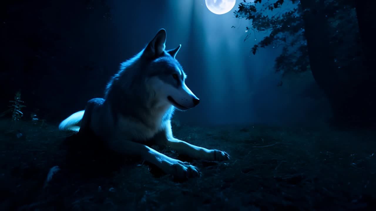 在黑暗森林中的一片空地上，一只灰白色的狼卧倒在地。