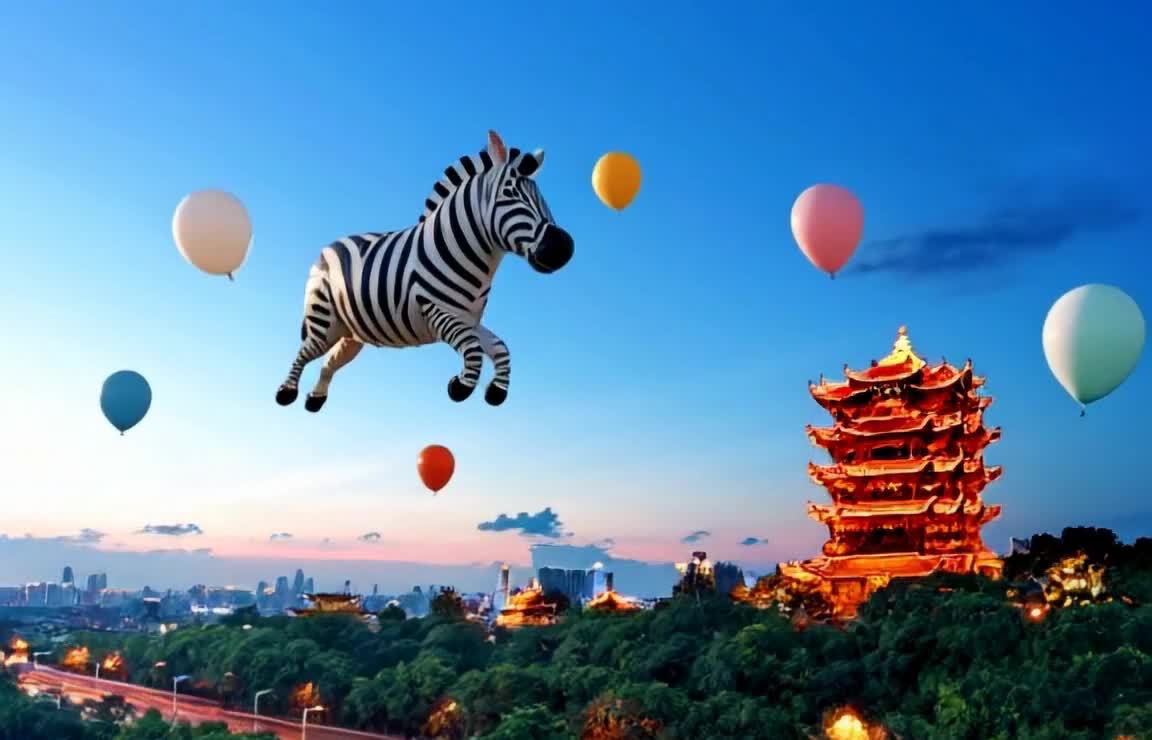 天空中漂浮着一个斑马造型的气球，周围环绕着几个颜色